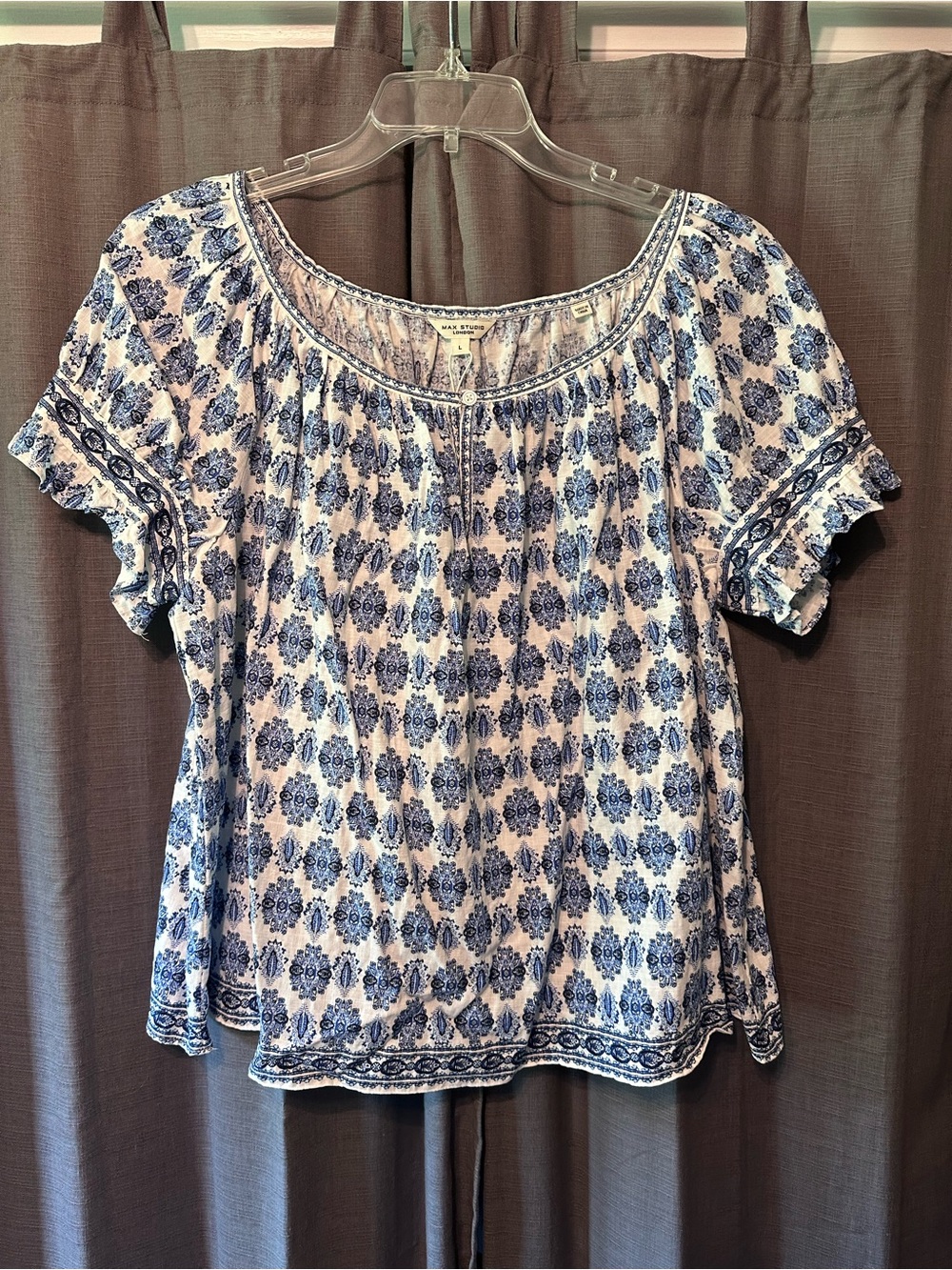 NWT Max Studio Blue and White Printed Peasant Top